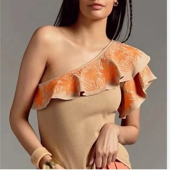 dolan Dresses & Skirts - Anthropologie Dolan One-Shoulder Dress in Tan with Orange Floral Accents